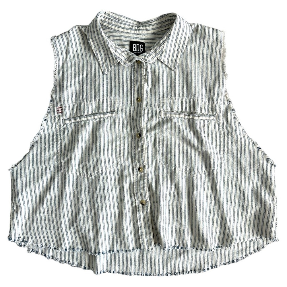 BDG Striped Sleeveless Button-Down Crop Top in White and Blue